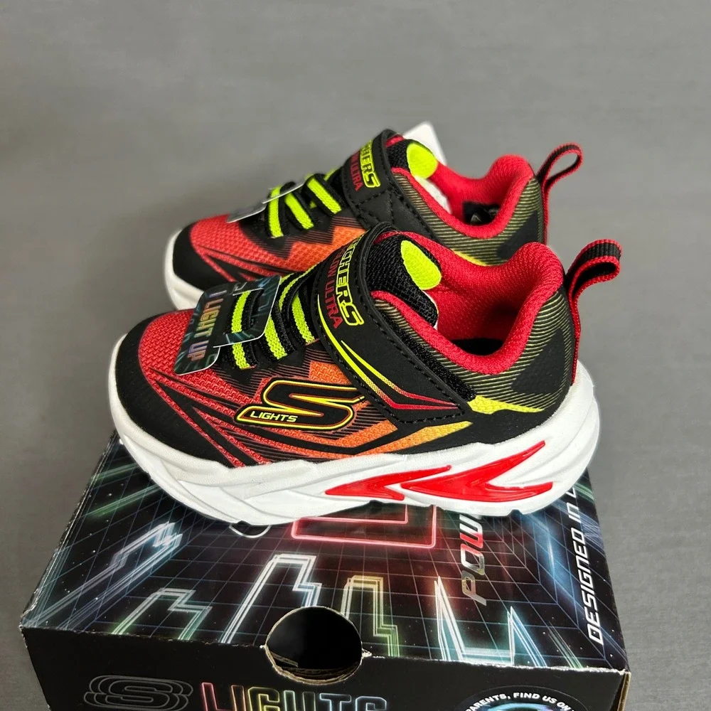 Skechers S Lights Flex-Glow‎ Ultra Black Red Light Up Toddler Shoes 400139N 5